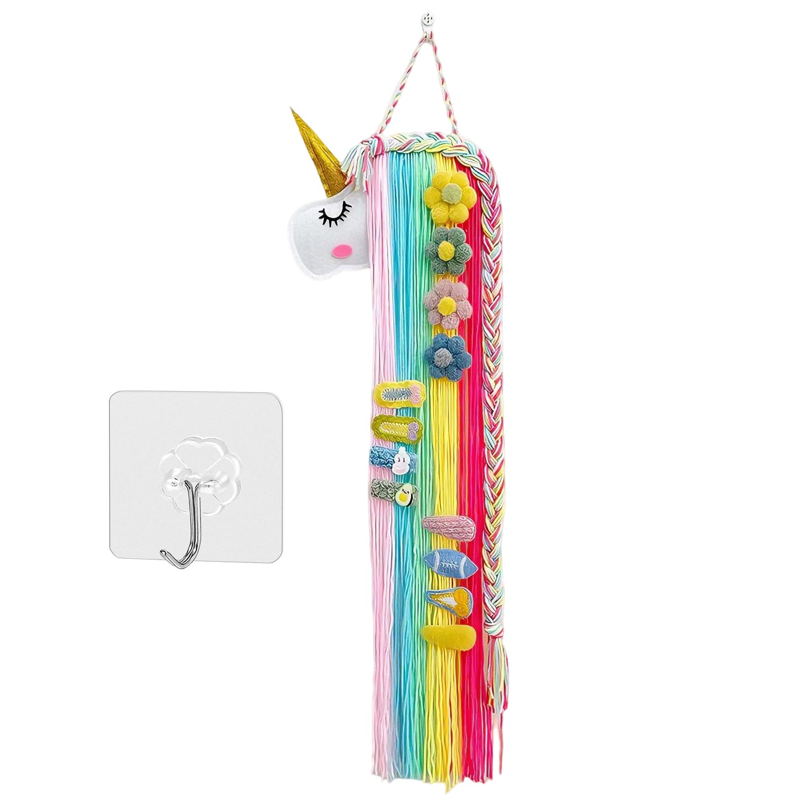 Pinzas para el pelo de unicornio para niñas, soporte de almacenamiento de hilo de arco iris, borlas, soporte para pinzas para el cabello, organizador de gomas para el pelo y pinzas para bebés y