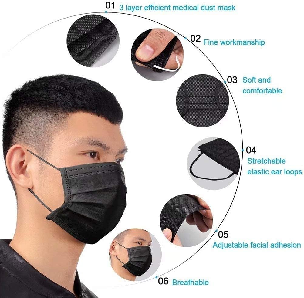 TecUnite 100 Pack Disposable Face Masks Breathable Dust Filter Masks Mouth Cover Masks with Elastic Ear Loop (Black) : Industrial & Scientific