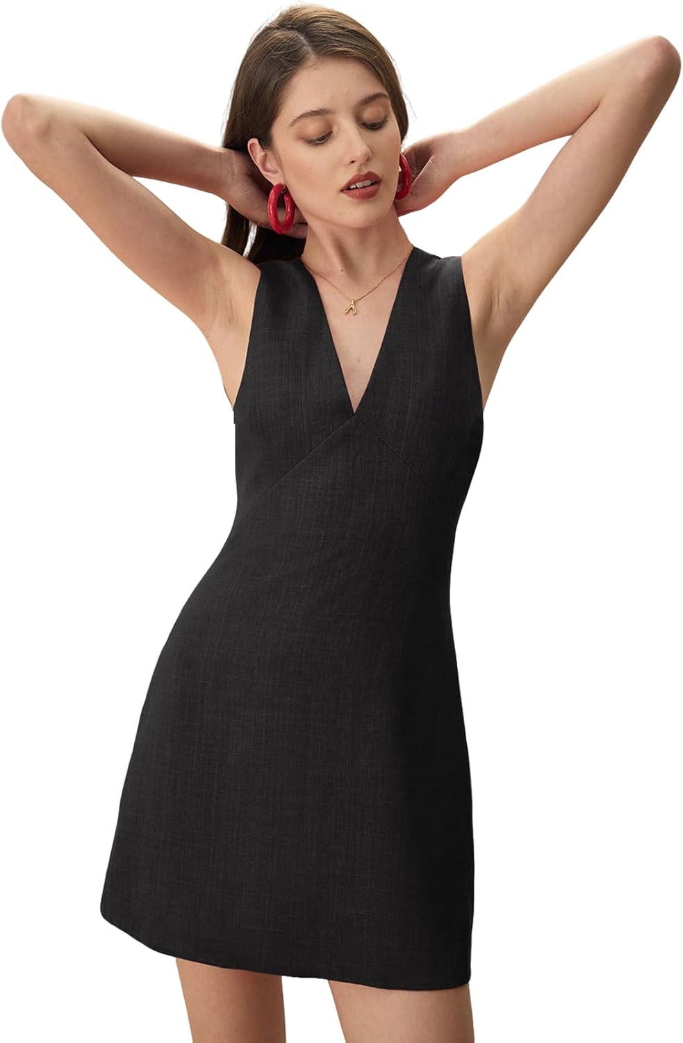 RIHOAS Black Elegant A Line Mini Dress - V-Neck Sleeveless Formal Cocktail Wedding Guest Dress for Women