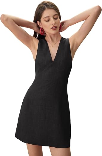 RIHOAS Black Elegant A Line Mini Dress - V-Neck Sleeveless Formal Cocktail Wedding Guest Dress for Women