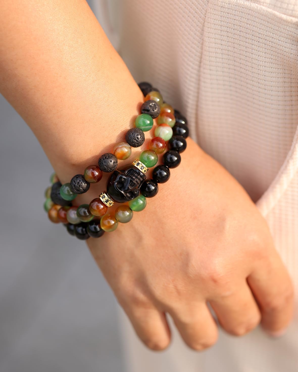 Wrap Agate Stretch Beaded Bracelets Protection Obsidian Small Skull Lava Stone Bracelet for Women Essential Oil Diffusers Jewelry Meditation Gifts 8mm - Image 8