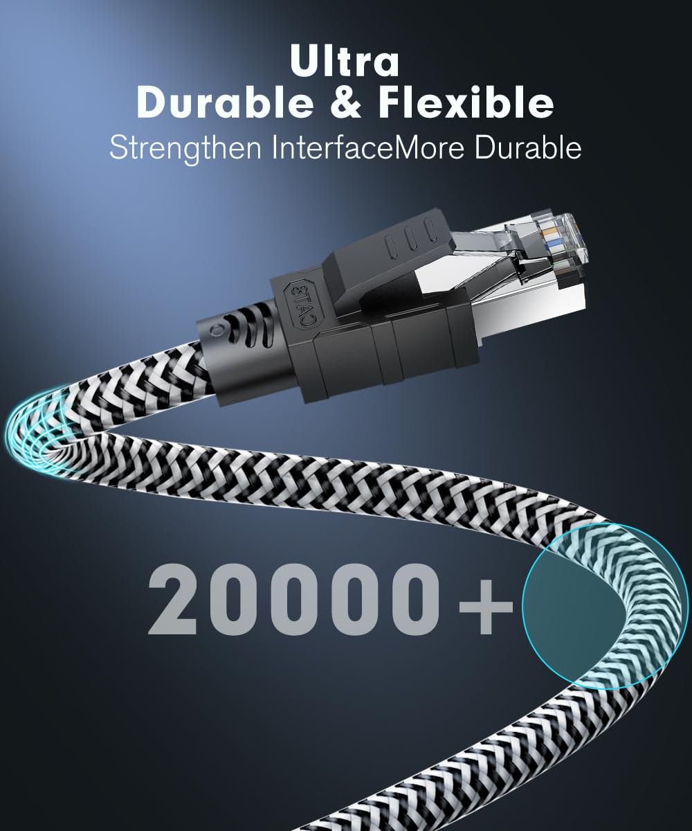 Kabel Ethernet Cat 8 Kabel Sieciowy,15M Nylonowy Pleciony 40Gbps 2000MHz Szybki Kabel LAN, S/FTP Zabezpieczony Miedźmi RJ45 Kabel, Odpowiedni dla Ps5/laptopa/routera/gry/modem