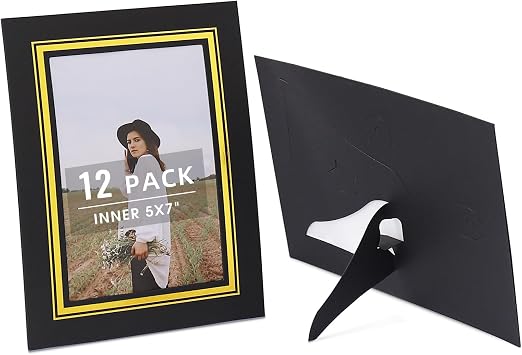 12 Pack Black Paper Picture Frames for 5x7, Acid Free Picture Cardboard Frames with Ivory Core Bevel Cut, Classroom Crafts, Home DecorationBlack with Gold Lining