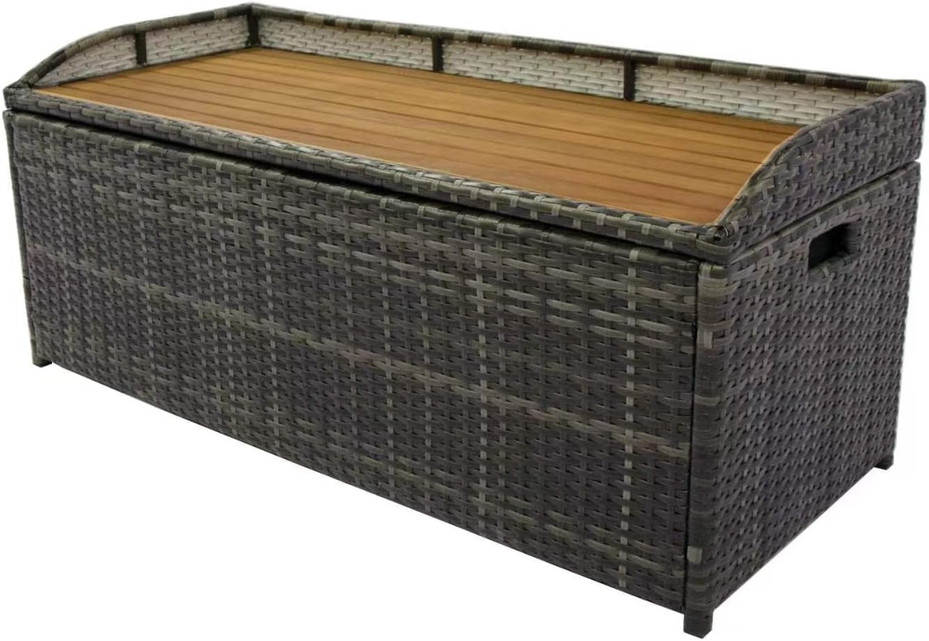Panana Garden Storage Bench Rattan Deck Box with Wood Lid, Zippered