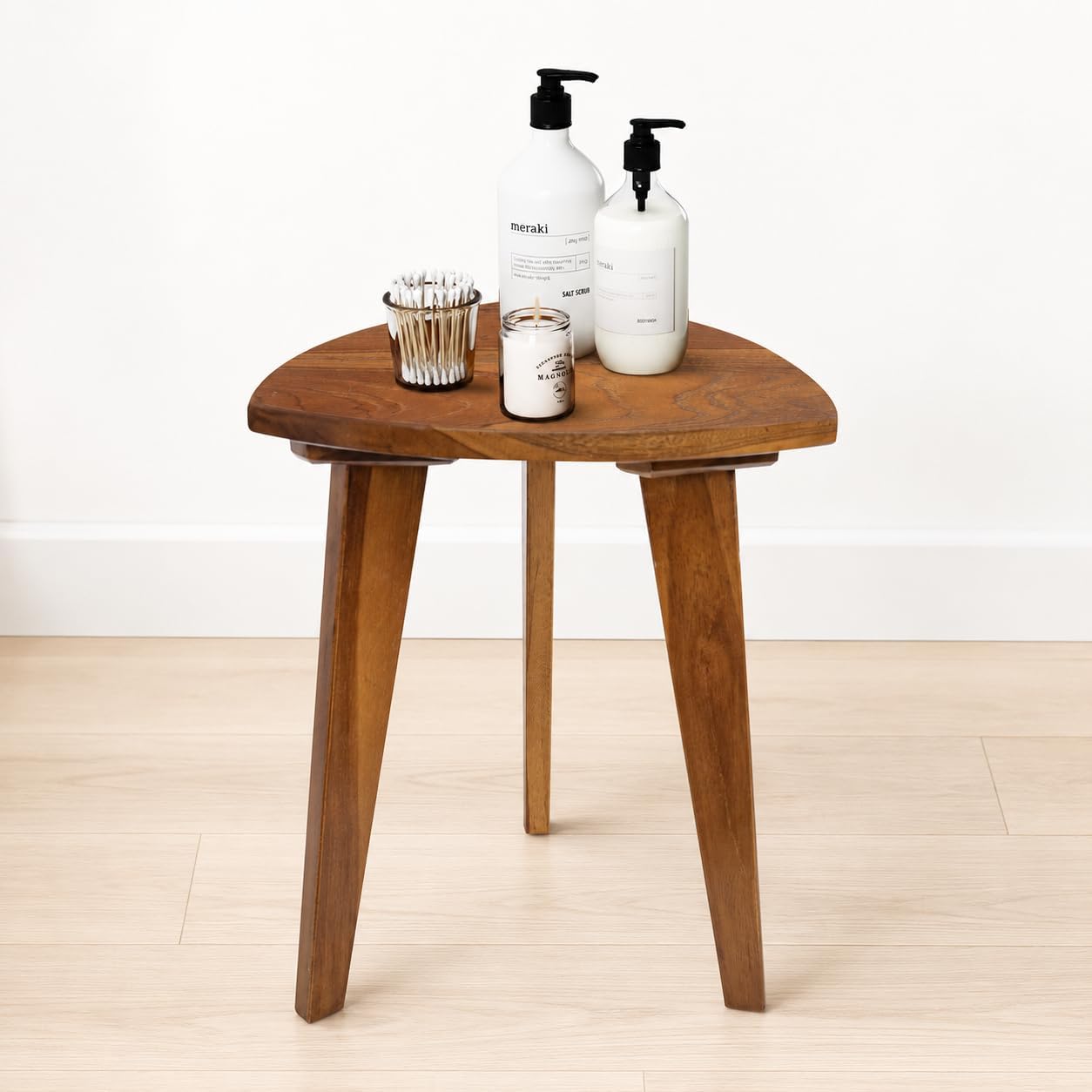 Teak Shower Stool, 14" Wood Foot Rest and Small Plant Stand | Solid Wood Bath Stool for Bathtub, Bathroom, Bedroom and Living Room, Compact Three-Leg Accent Seat for Small Spaces