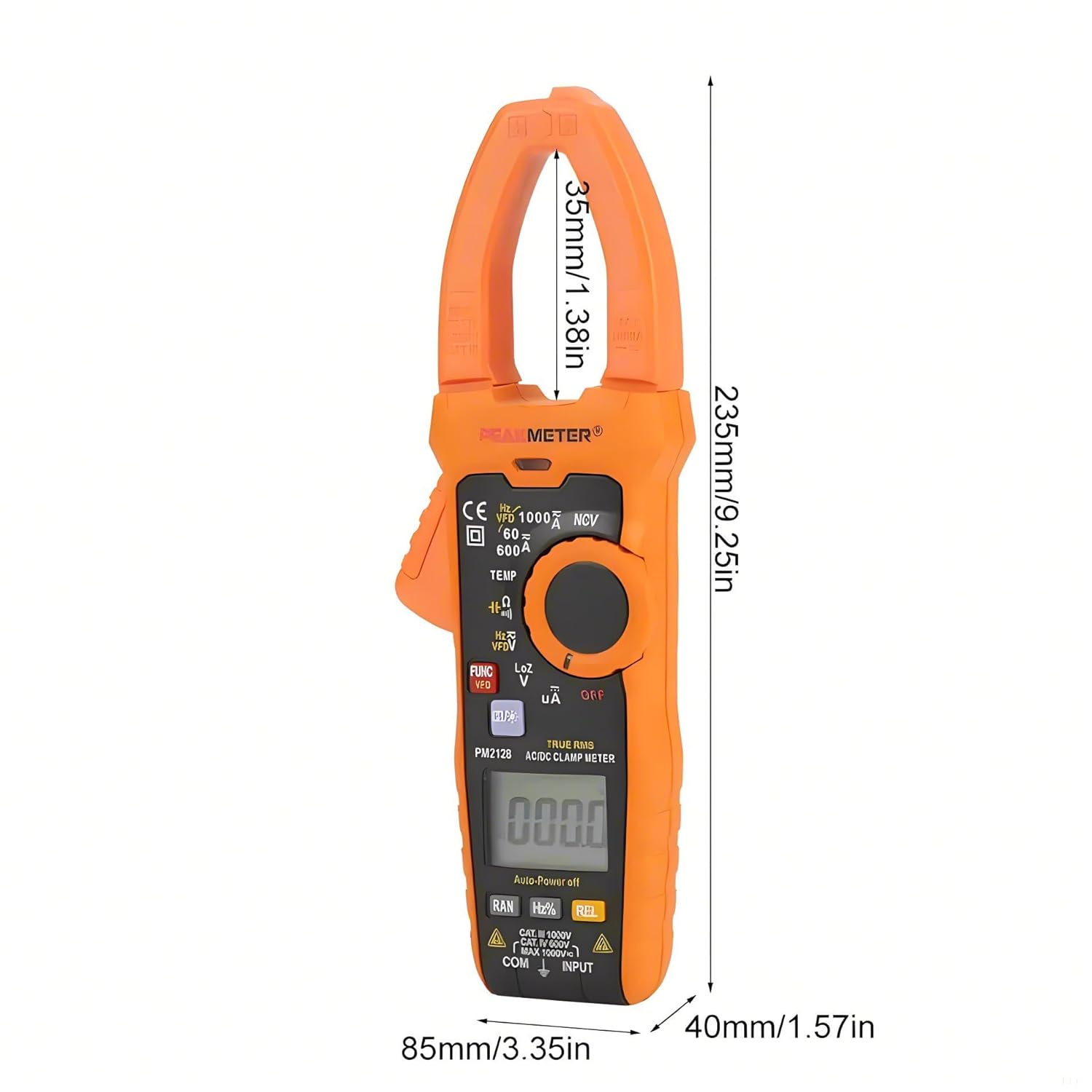 Diagram showing the dimensions of the PEAKMETER PM2128 clamp multimeter: 235mm (9.25in) length, 85mm (3.35in) width, 40mm (1.57in) thickness, and a jaw opening of 35mm (1.38in).