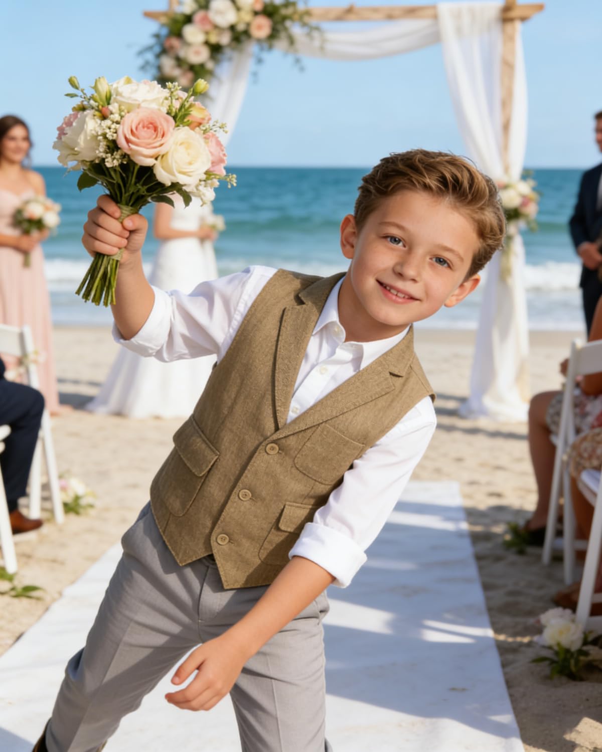 Bakerbear Boys Classic Tweed Vest for Kids Casual Retro Western Waistcoat | Herringbone, notched lapel vests, large breast pocket, flap pockets, adjustable back, Wedding School Birthday Christmas