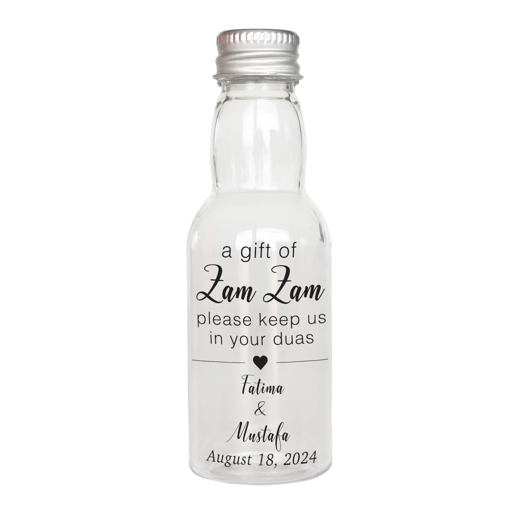 Personalised Zem Zem Water Bottles 40ml - Empty Plastic Favours for Hajj, Umrah, Nikkah & Wedding - Custom Clear Labels with Design Options - Choice of Cap Colours (Set of 90)