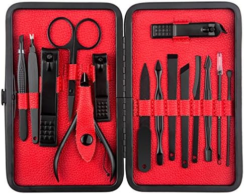 Manicure Pedicure Set Nail Clippers - Stainless Steel Nail Kits Professional, Grooming Kit Nail Tools & Nail Set of 15pcs with Travel Case(Black/Red)