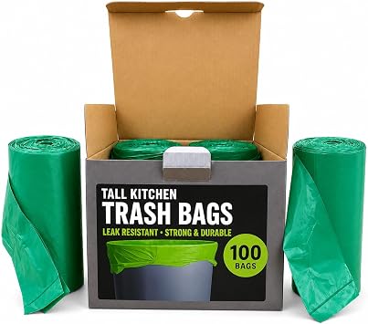 13 Gallon Tall Kitchen Trash Bags with Tie Handles 100 Count, Green Garbage Bags, Trash Can Liners, Wastebasket Bags, Portable Camping Toilet Bags