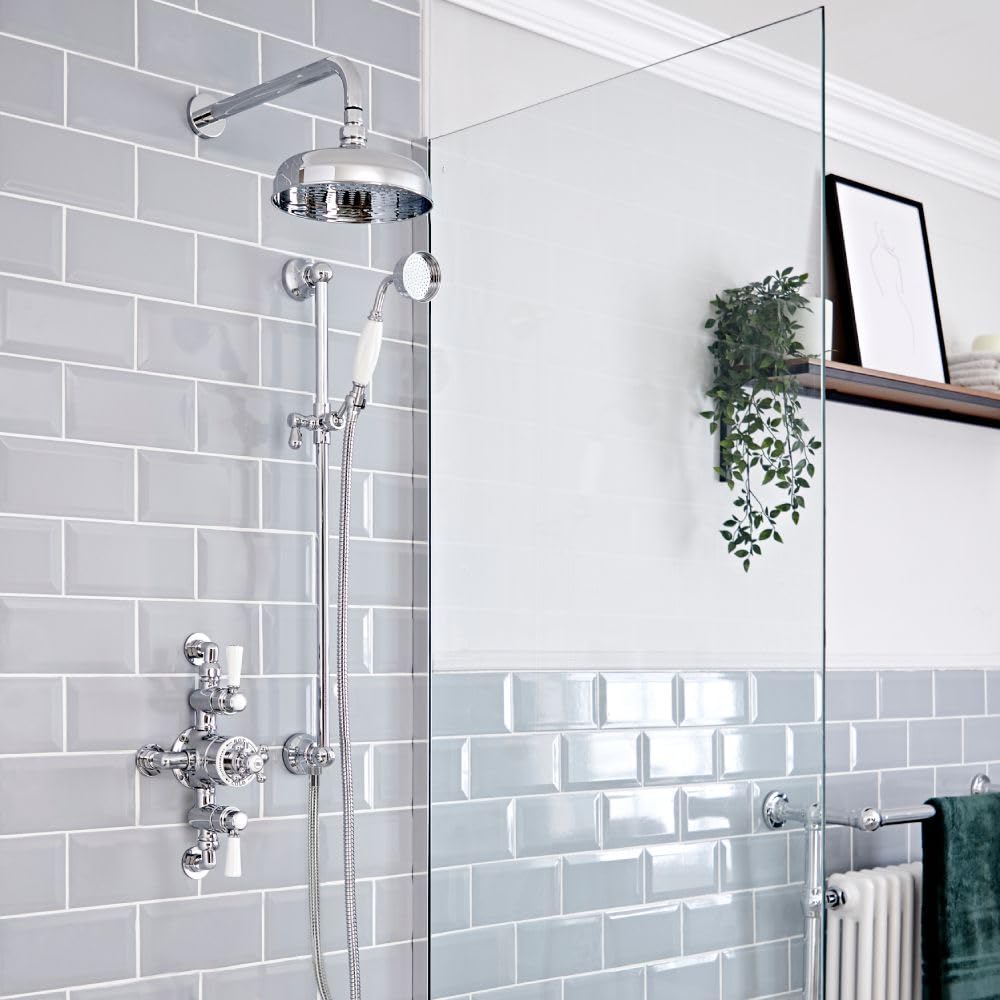 Milano Chrome & White Elizabeth Thermostatic Mixer Valve 200Mm Shower Head Riser Rail - Chrome White