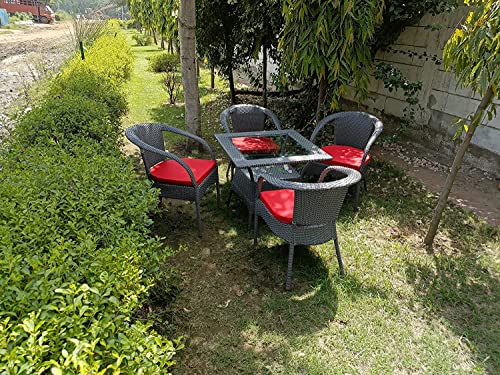 Image of Anaya Decor D-8 Chairs Table Set 4+1 Wicker Patio Furniture Sets 4 Chair and 1 Table with Cushions for Garden Balcony Bedroom Powder Coated Frame Uv Protected Wicker (Black-Red)