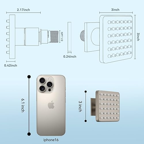 Miniatura 7 de Chorros de masaje corporal de ducha, chorros de ducha de latón de 2.63 pulgadas, aerosoles cuadrados para montaje en pared, NPT, 12 pulgadas, 4