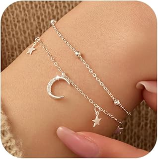 925 Sterling Silver Dainty Moon Star Link Bracelet for Women Sparkling C...
