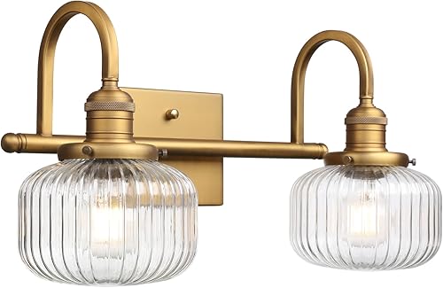 Miniatura 9 de Aplique de pared de vidrio de 2 luces con pantalla de globo a rayas transparentes, lámpara de pared de latón envejecido industrial para sala de