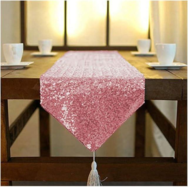 Shimmer Fuchsia Pink Table Runners Tassel 12x90-Inch Sequin Table Runner for Wedding Glitter Table Runner Pink Gold Dining Table Runner Home Decor