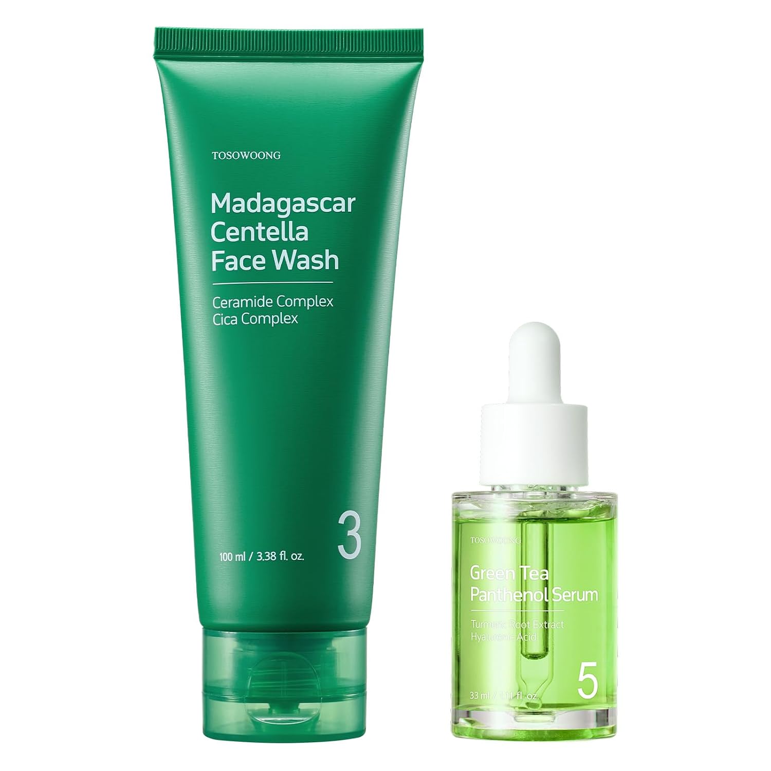 TOSOWOONG Calming Skin Barrier Duo, Green Tea 60% Panthenol Serum and Madagascar Centella Face Wash, Soothing Cleanse and Hydration Set with Dexpanthenol, 9 Cica Complex
