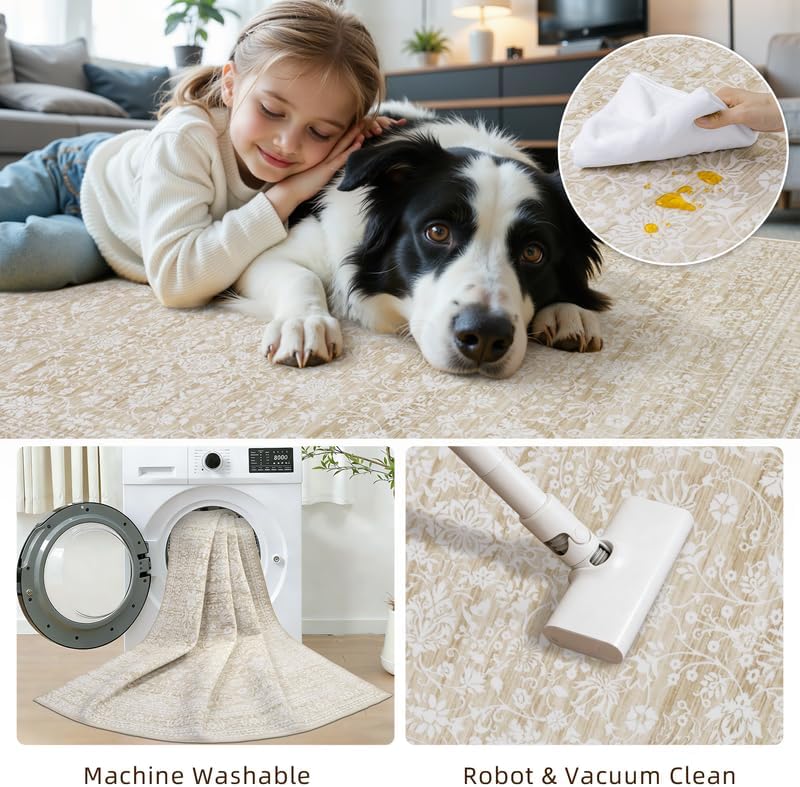 5x7 Area Rugs for Living Room: Vintage Boho Neutral Washable Rug Indoor Soft Large Area Rug Carpet for Bedroom Nursery Farmhouse Dining Room Office Floor Non-Slip Low Pile Under Table Natural Beige thumbnail