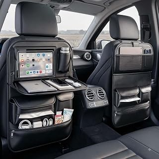 2 Pack Backseat Car Organizer with Foldable Anti-Sag Tray & Tablet Window | 11 LBS Anti-Sag Tray, Large Window Fits iPad & 24cm Tissue, Cup Holder & Zipper Pocket, PU Leather, Office & Family