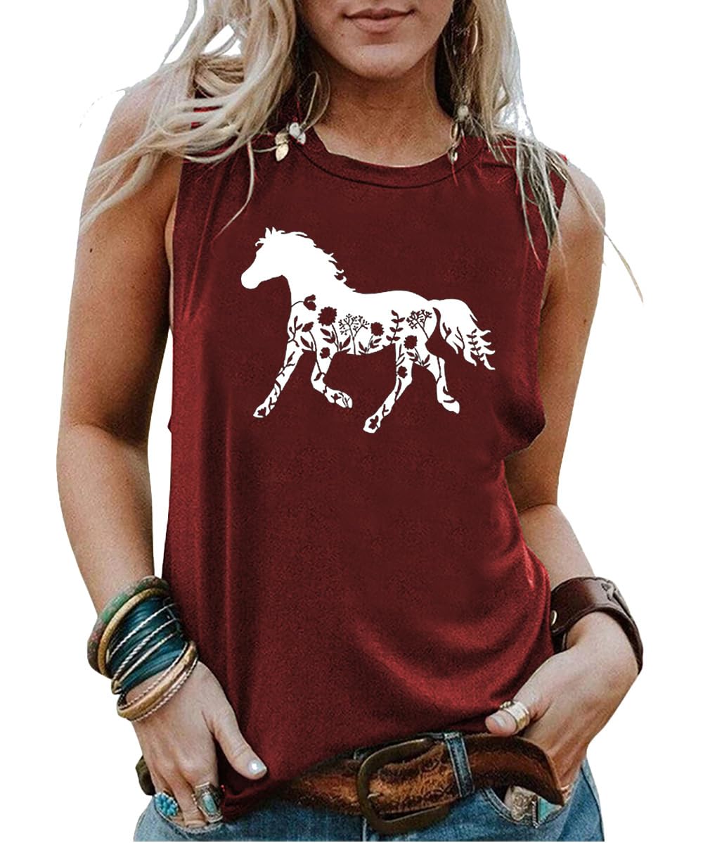 Riding Shirts for Women Floral Horse Tank Top Casual Sleeveless T-Shirt Cute Graphic Vest Horse Lover Gift