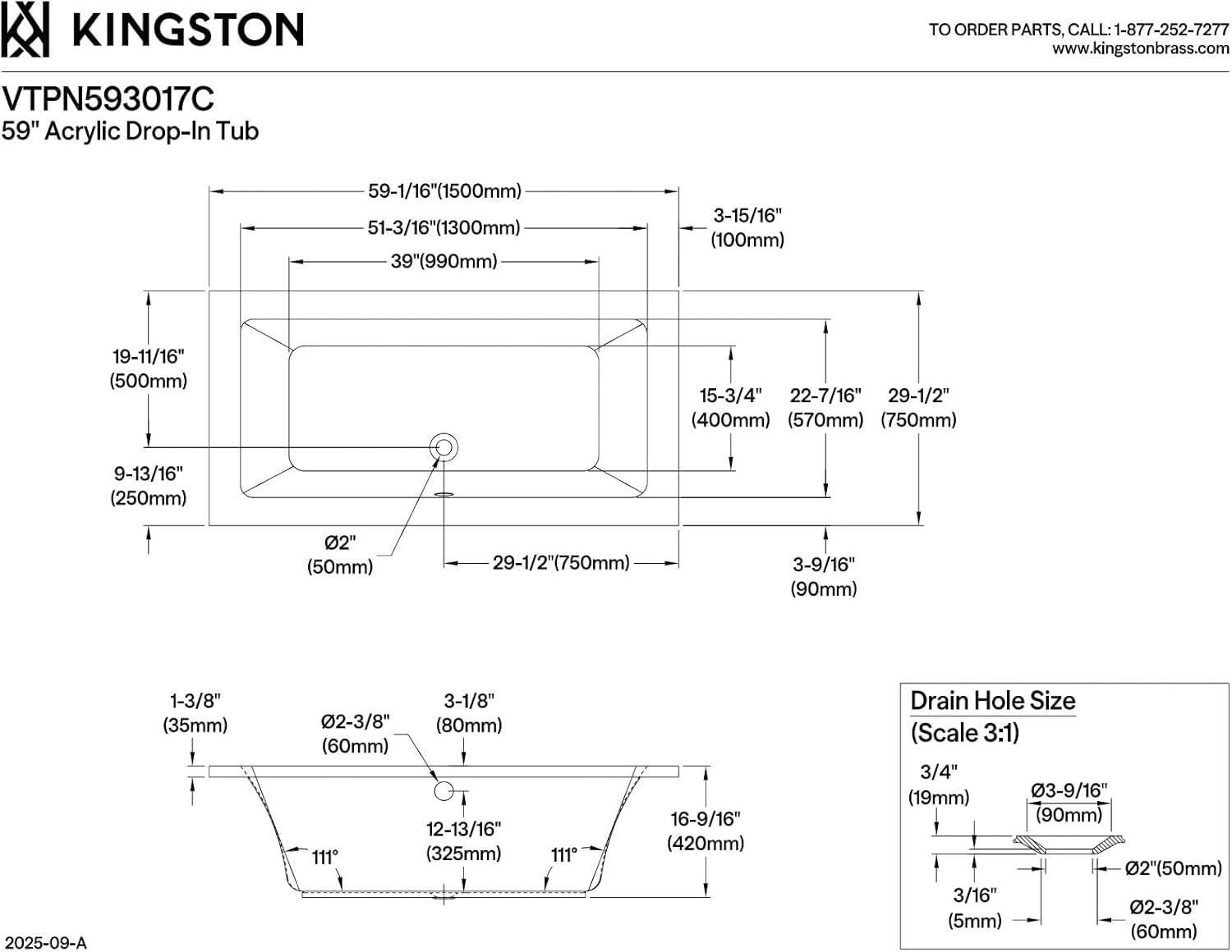 Kingston Brass VTPN593017C Acrylic Drop-In Tub without Drain, 59-1/16" x 29-1/2" x 16-9/16", White