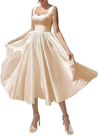 Womens Satin Tea Length Wedding Dresses for Bride Square Collar Midi A Line Formal Bridal Party Dress