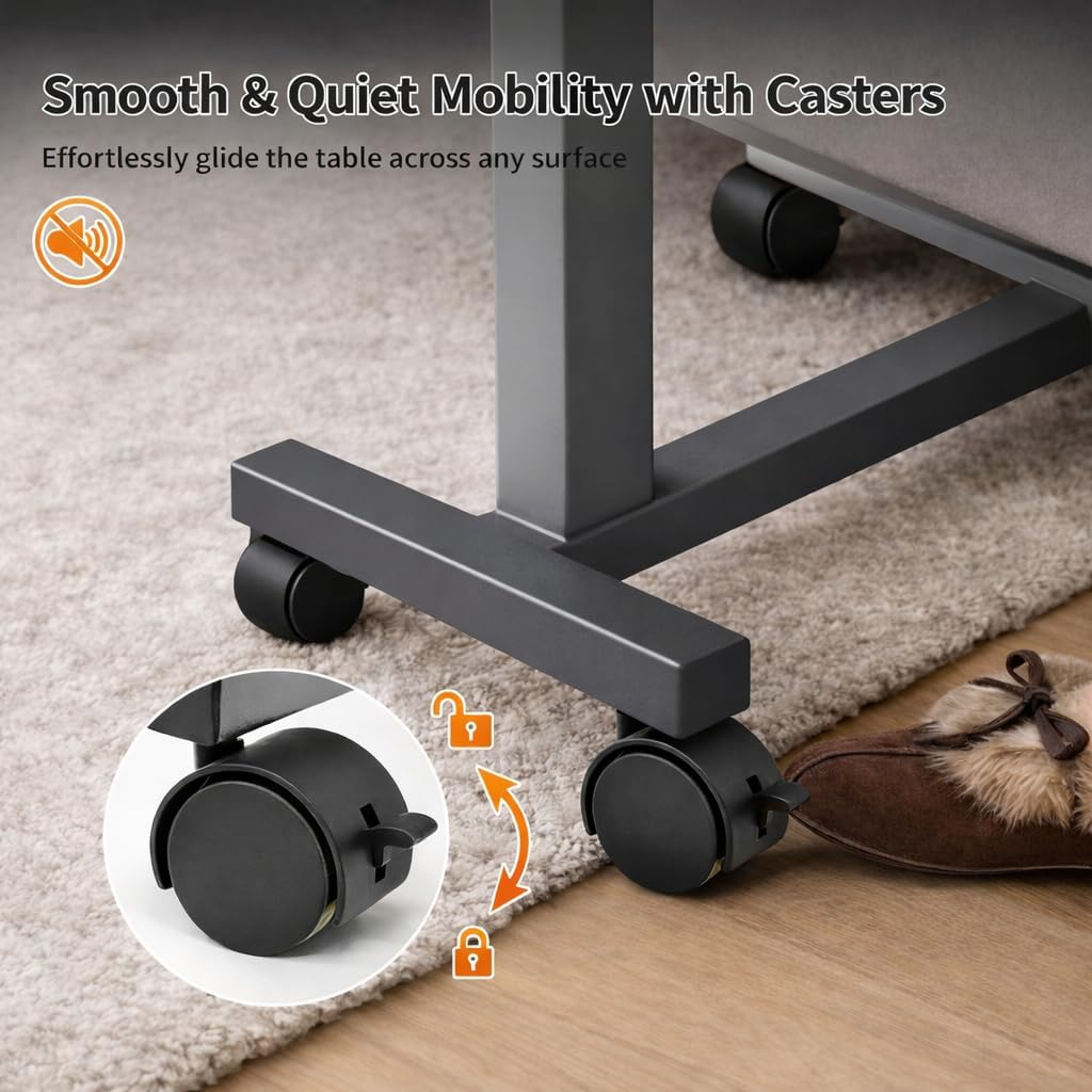 Adjustable Overbed Table with Wheels, Pneumatic Height Lift Rolling Bedside Table, Standing Desk for Home & Office Use, Ideal for Seniors & Limited Mobility(Walnut Brown)