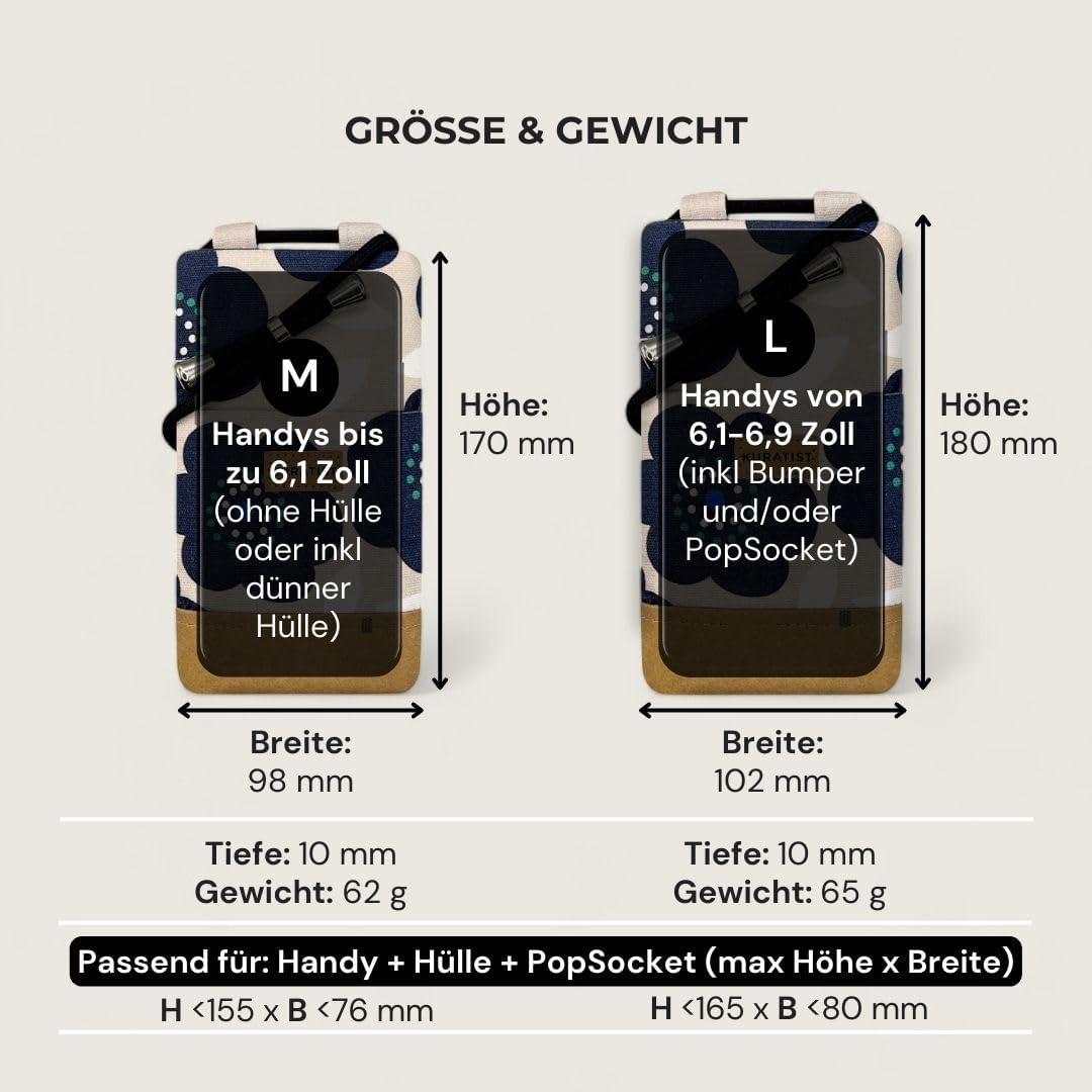 NELA Cotton Twill & Paper Phone Sleeve with Strap - Handmade Phone Case Compatible with iPhone (Midnight Bloom, Medium)