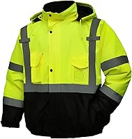 Vista 8 de Chaqueta de seguridad para hombre, chaqueta reflectante con capucha de alta visibilidad, chaqueta bomber de alta visibilidad con bolsillos