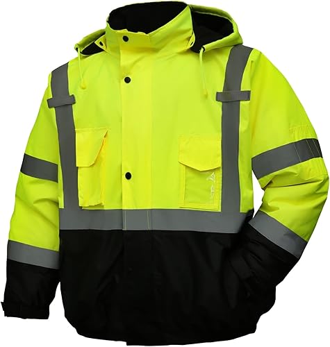 Miniatura 8 de Chaqueta de seguridad para hombre, chaqueta reflectante con capucha de alta visibilidad, chaqueta bomber de alta visibilidad con bolsillos