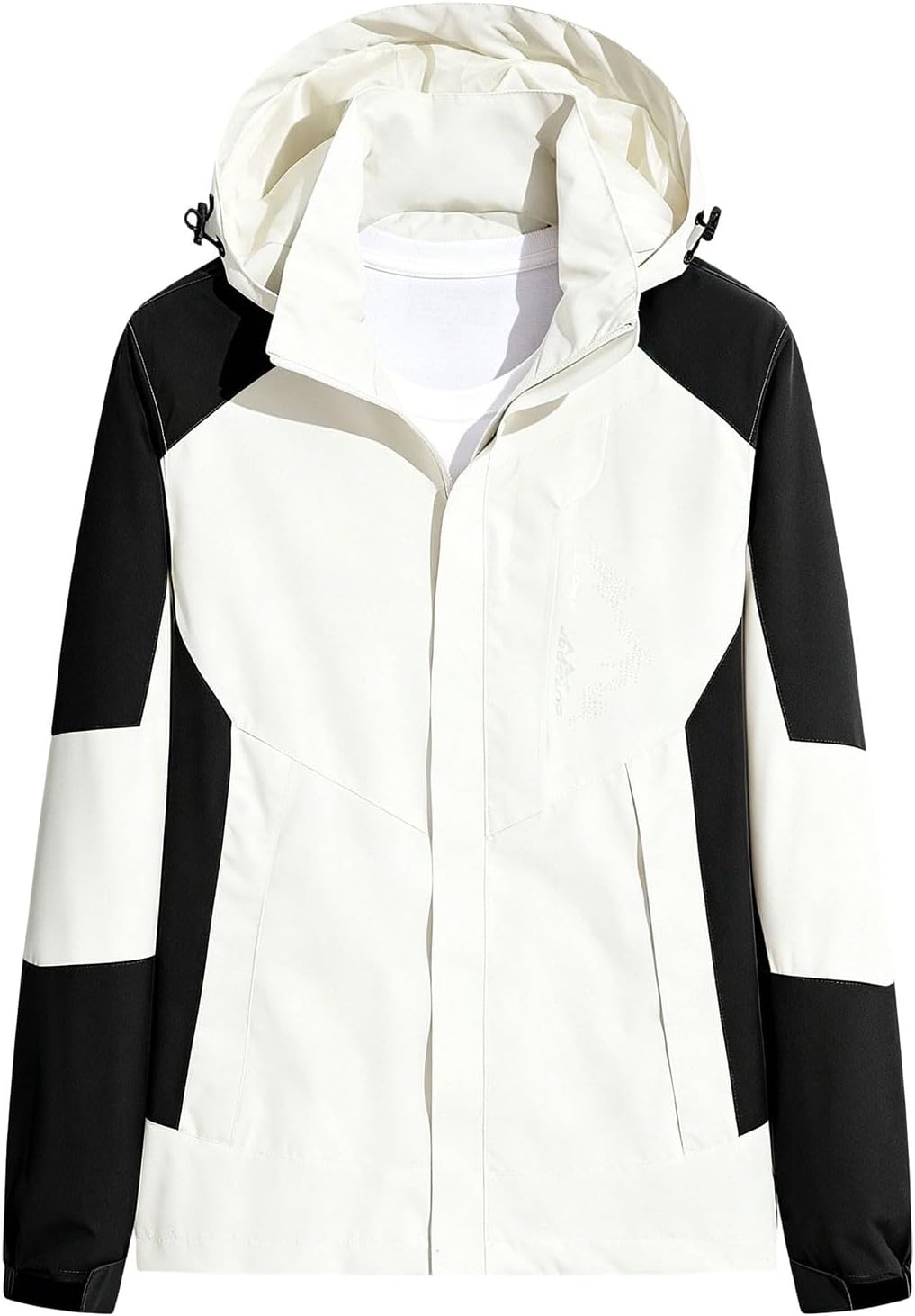 Mens Color Block Hooded Rain Jacket Long Sleeve Zip Up Waterproof Coat Windbreaker Outdoor Hiking Travel Outerwear