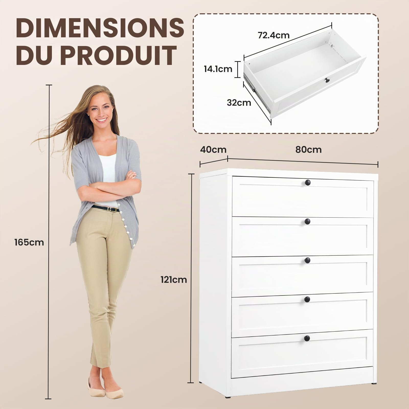 Sightlife Meuble de Rangement, Commode Blanche à 5 tiroirs, Meuble de Rangement pour Chambre, Bureau, entrée, Style comtemporain 121 x 80 x 40 cm