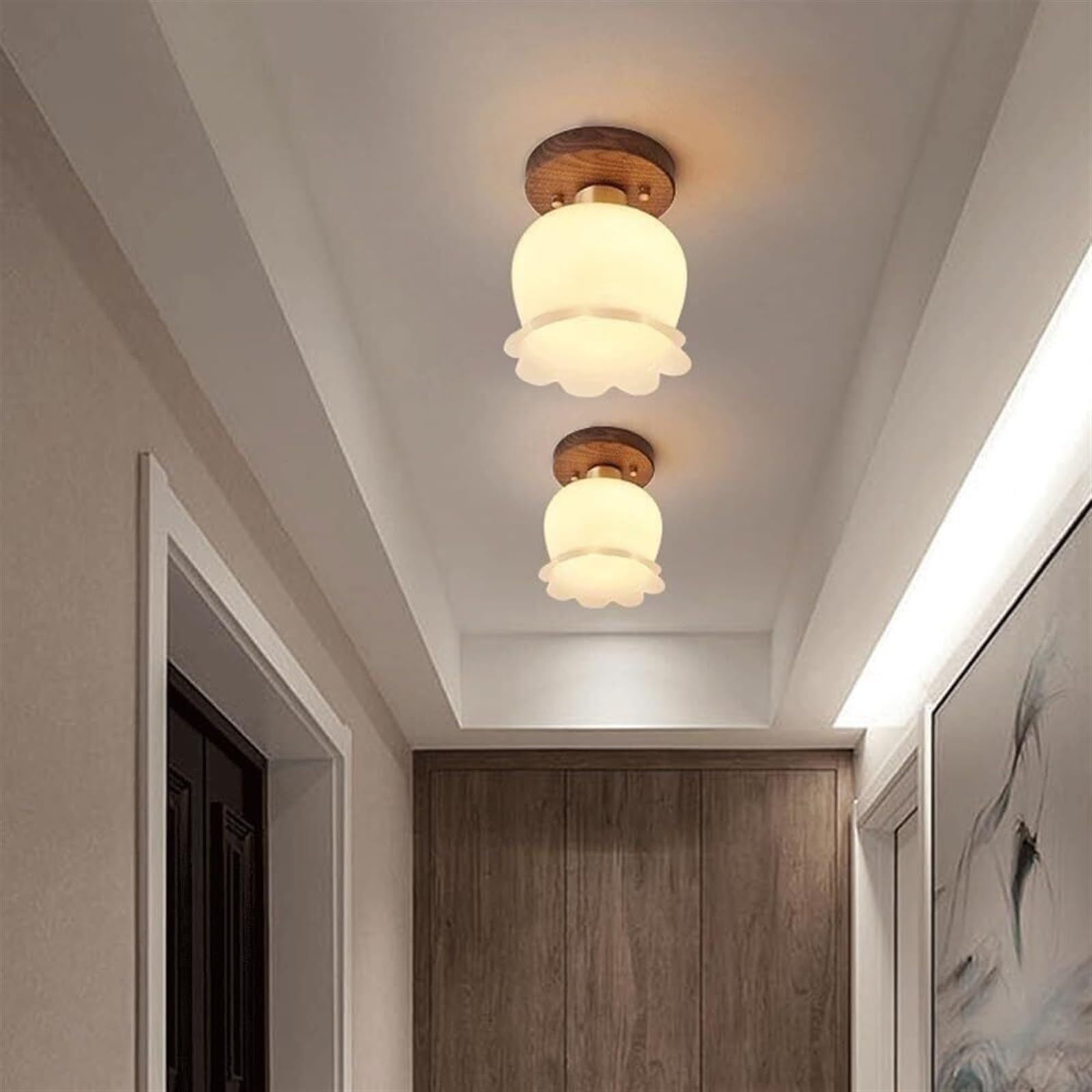 Nowoczesna półwpuszczana lampa sufitowa z orzecha włoskiego do przedpokoju - nordycka kreatywność z mlecznobiałym szkłem, retro lampa wisząca na wyspę kuchenną, sypialnię, korytarz i schody