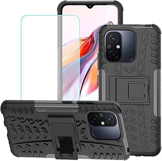 Yerebel for Redmi 12C Case, Poco C55 22120RN86G Case with Tempered Glass Screen Protector, with Kickstand Hard PC Back Cover Soft TPU Dual Layer Protection Phone Cover for Xiaomi Redmi 12C (Black)