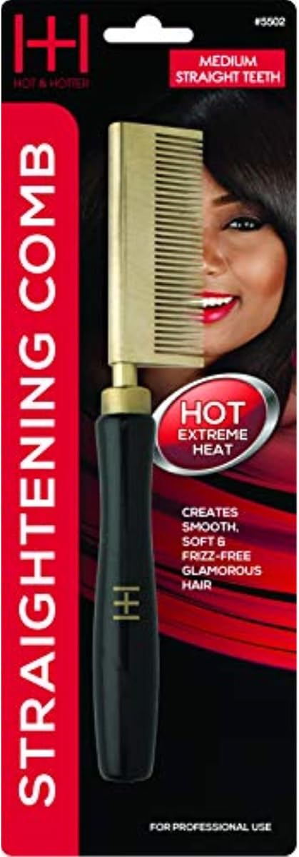 Peine alisador térmico Hot & Hotter - Dientes rectos medianos (modelo 5502) - Peine de presión con cabezal de latón y cobre para estufa - Alisador profesional de alto calor para todo tipo de cabello