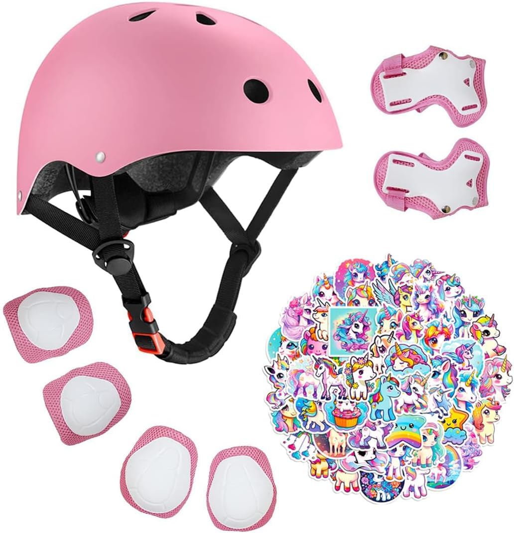 Kids Bike Helmet with Knee Elbow Wrist Pads Guards,Pink,for Ages 2-3-5-8-14,Sports Bicycle,Skate Scooter,Rollerblading with Unicorn Sticker