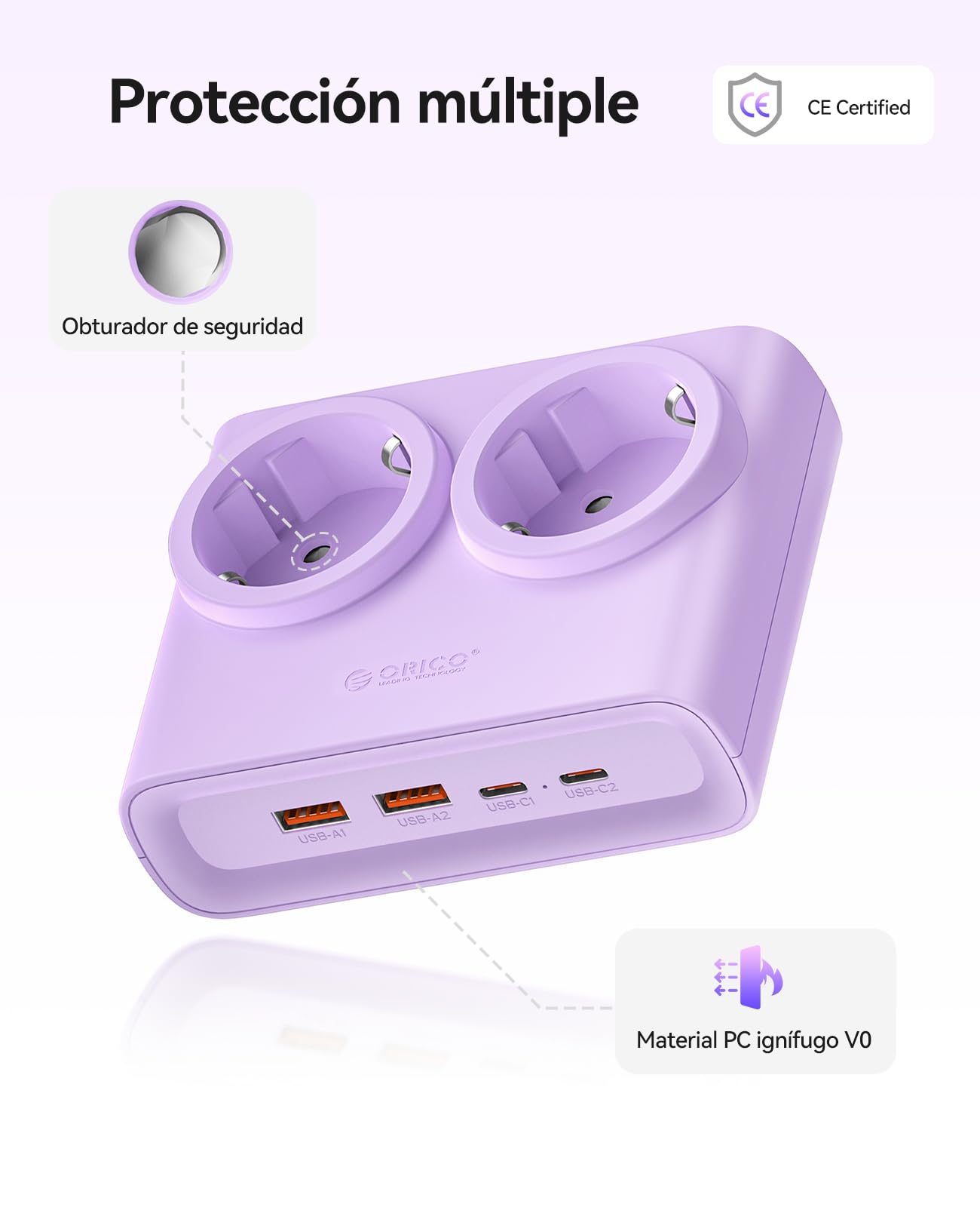 ORICO Regleta Enchufes 6-en-1 PowerBrick Lila - 2 Tomas AC + 4 USB (2 USB-C PD), Carga Rápida 25W GAN, Cable 1,6m, 2500W MAX para Hogar, Oficina, Mesa(PDC)