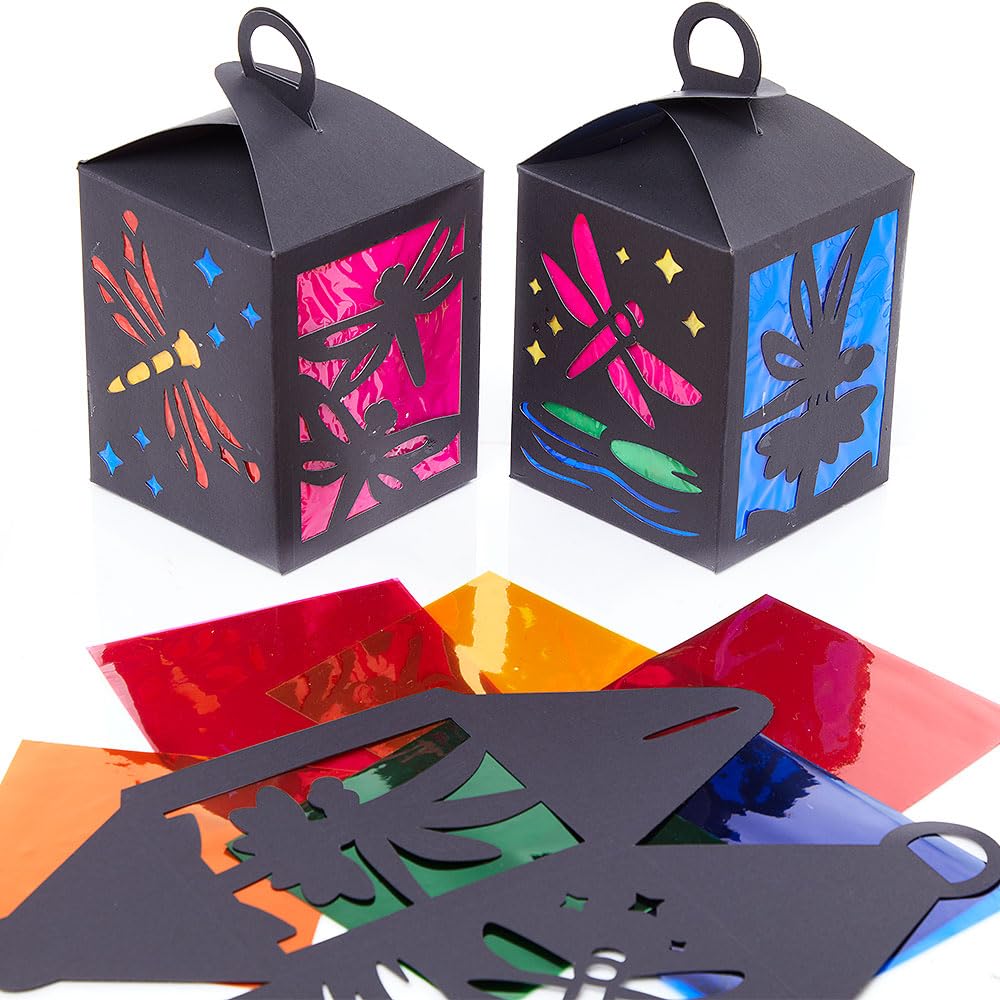 Baker Ross WA137 Dragonfly Stained Glass Lantern Kits - Pack of 4, Colourful Cellophane Craft Kits for Kids