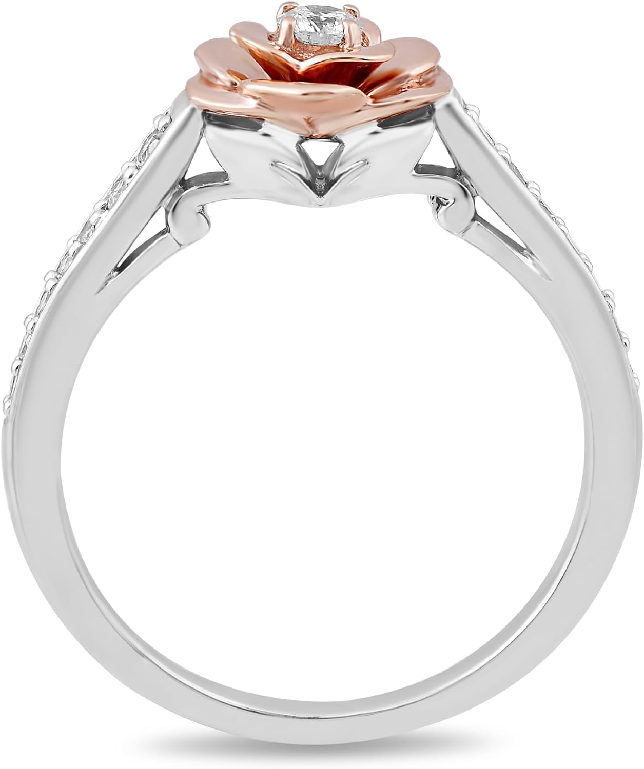 Jewelili Enchanted Disney Fine Jewelry Sterling Silver and 10K Rose Gold 1/5 CTTW Diamond Belle Disney Ring