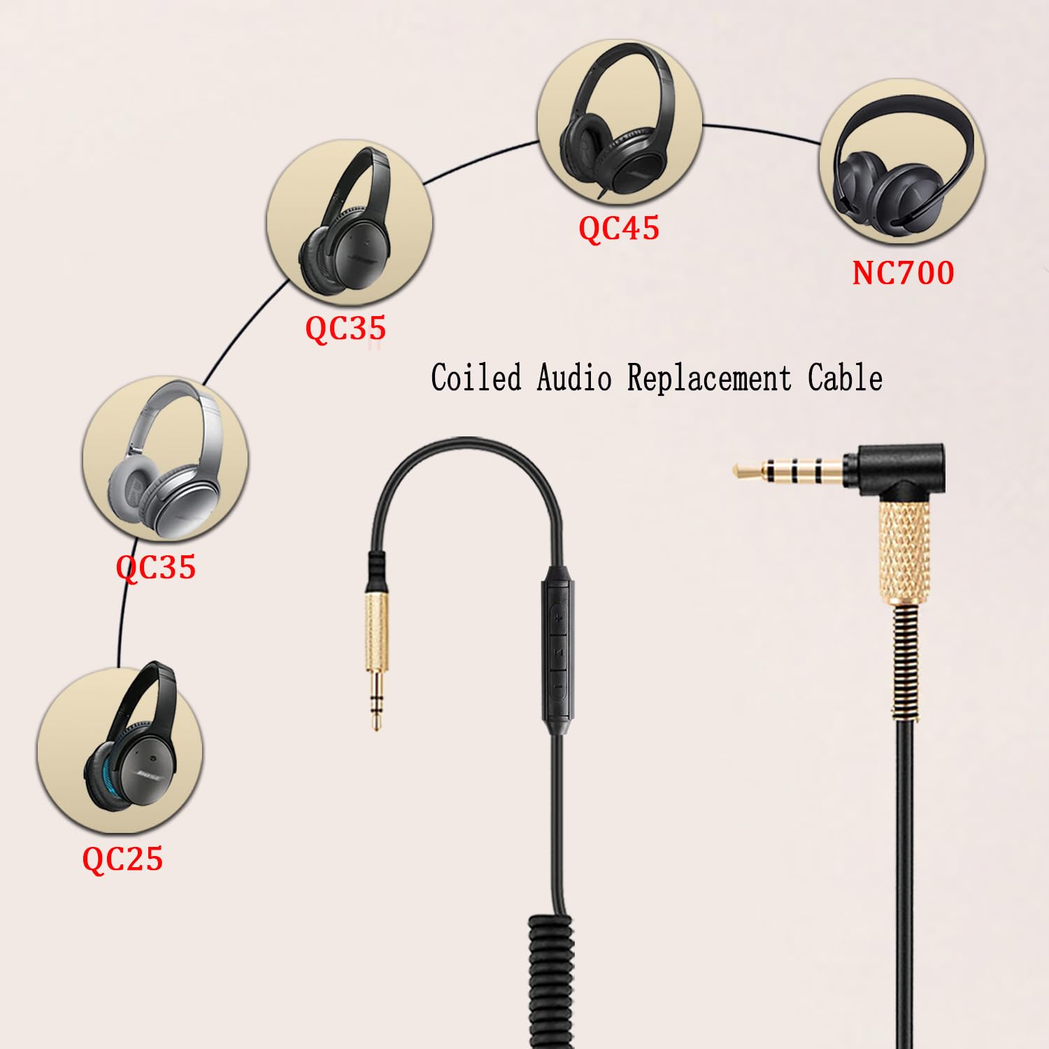 QC45 - Cable de audio en espiral compatible con auriculares Bose QC35 QC25 NC700 JBL E45BT E55BT E65BTNC 750NC 750NC Cable auxiliar de extensión de control de micrófono en línea de 2,5 mm a 3,5