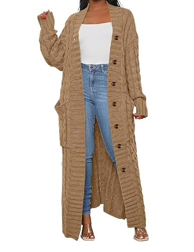 Womens Stylish Cable Knit Dual Chunky Cardigan with Button, Floor