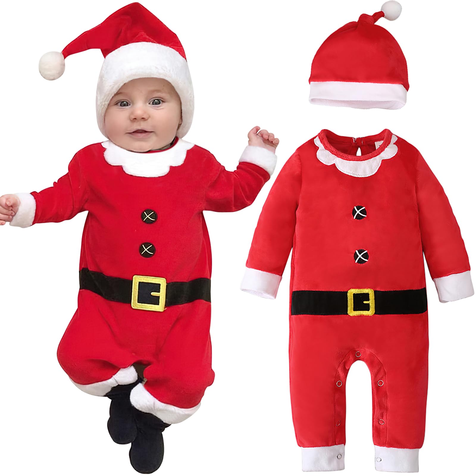Baby Christmas Outfit-Babys Girls Boys Santa Outfits,Baby First Christmas Costume,Infant Santa Costume Long Sleeve Xmas Outfit,Newborn Xmas Outfits Infant Onesies+Babys Santas Hat (6-12 months)