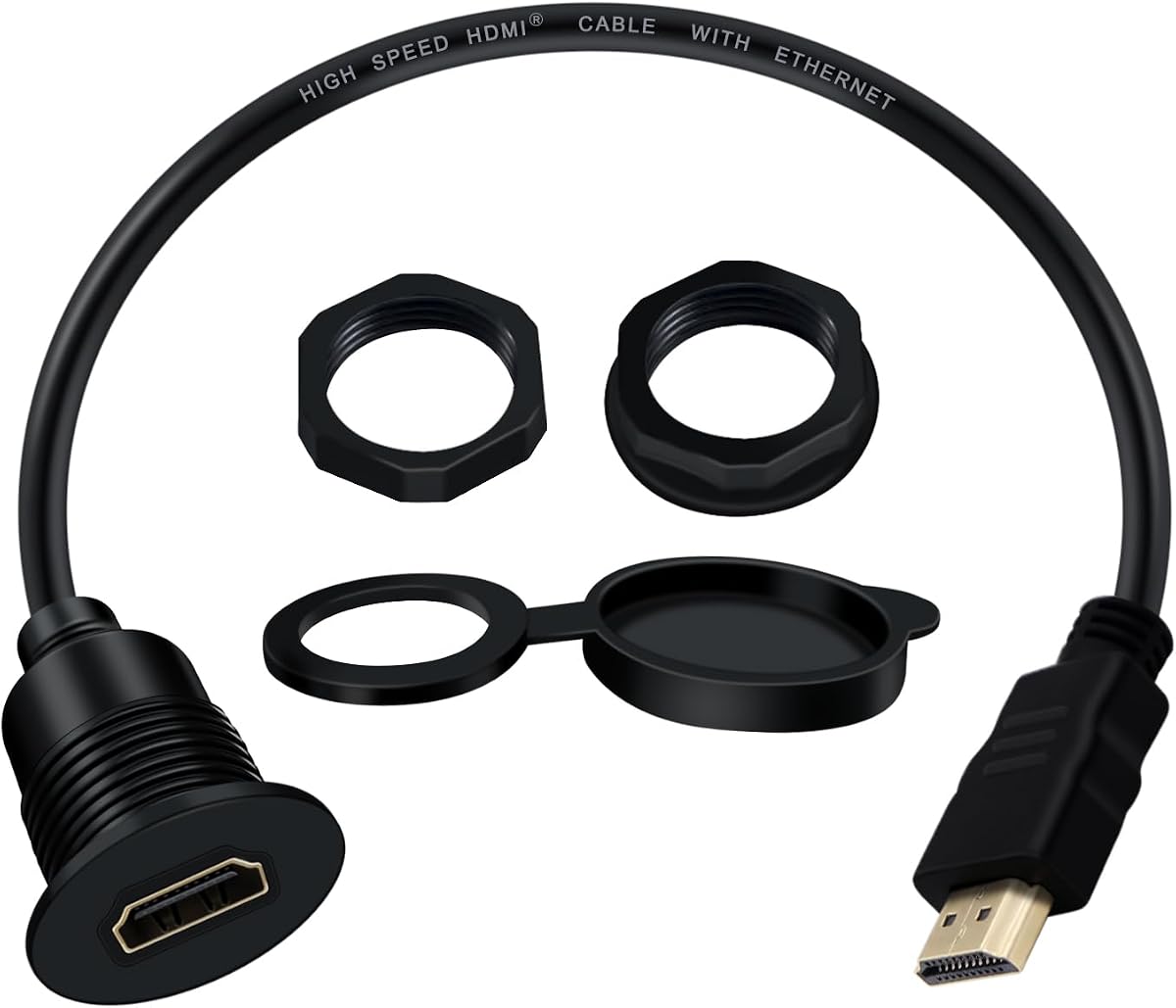 HuaLiSiJiHDMI Panel Mount Extension Cable 4K 60HZ Male to Female HDMI Flush Mount Cable 48Gbps High Speed for Car Truck, Boat, Motocycle, Dashbaord and Desks, Etc (0.3 m)