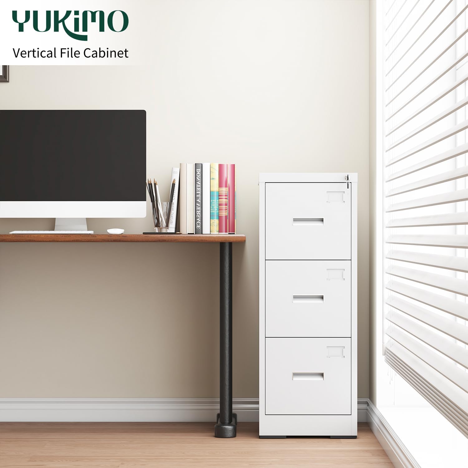 3 Drawer File Cabinet with Lock, Vertical Filing Cabinets for Home Office, Metal Locking File Cabinet Hanging Files for A4/ Legal/Letter Size, Require Assembly, White