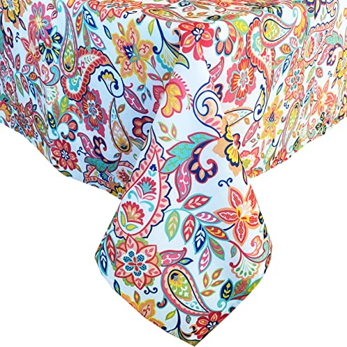 Newbridge Boho Chic Paisley Indoor/Outdoor Fabric Tablecloth, Mod Bohemian Paisley Floral Stain And Water Resistant Heavy Weight Tablecloth, 52 Inch X 52 Inch Square #TOP4