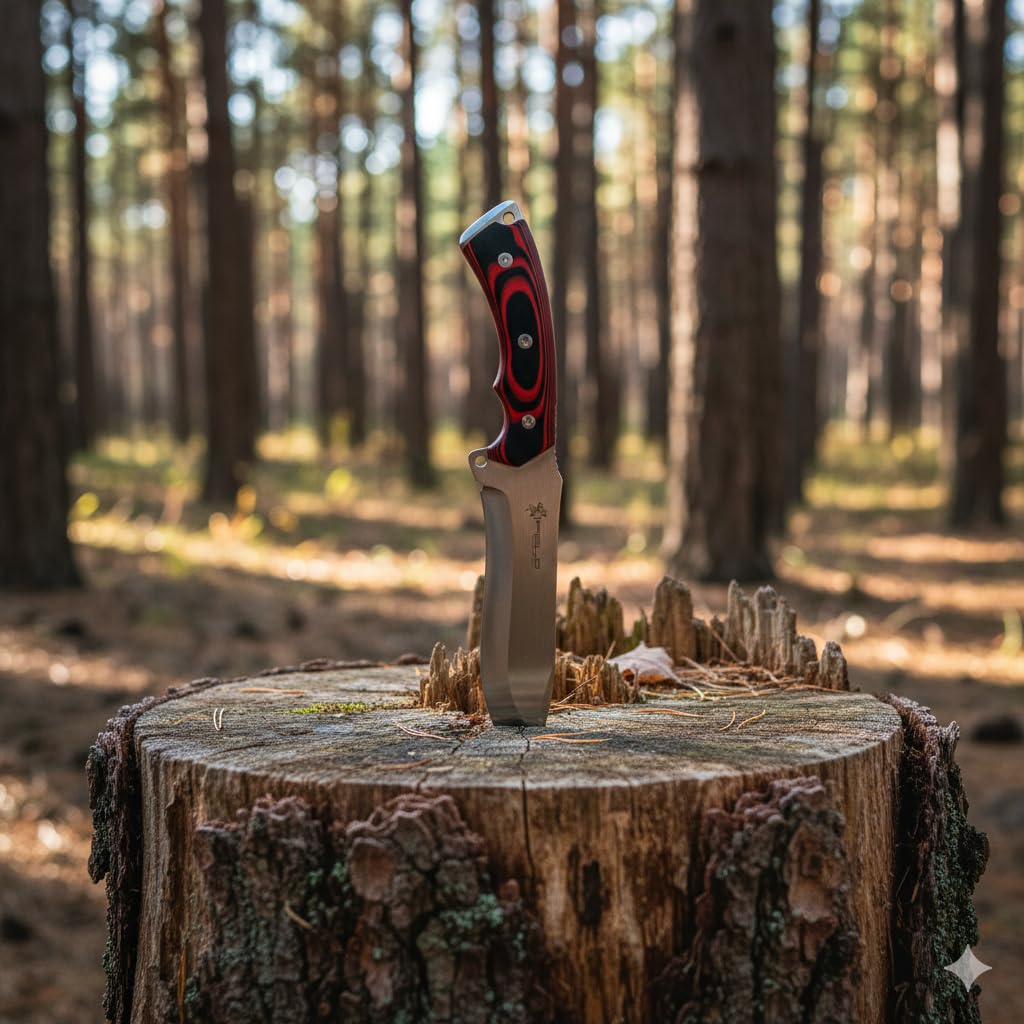 iFIELD Wielofunkcyjny nóż do wędrówek, polowań i survivalu, 150 sztuk, z czerwonym uchwytem Micarta i ostrzem ze stali 440C, twardość 58-60HRC