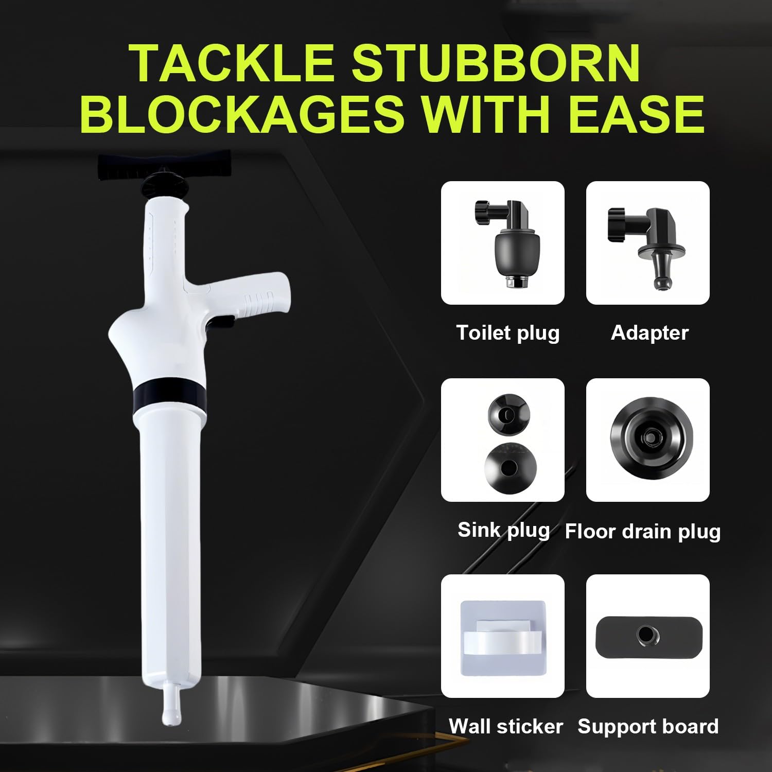 Sturalavandini a Pressione con Barometro, Pompa Stura Scarichi a Pressione con 4 Ventose, Sturalavandino ad Aria Compressa, Stura WC, per WC, lavandino, Vasca da Bagno, Grigio