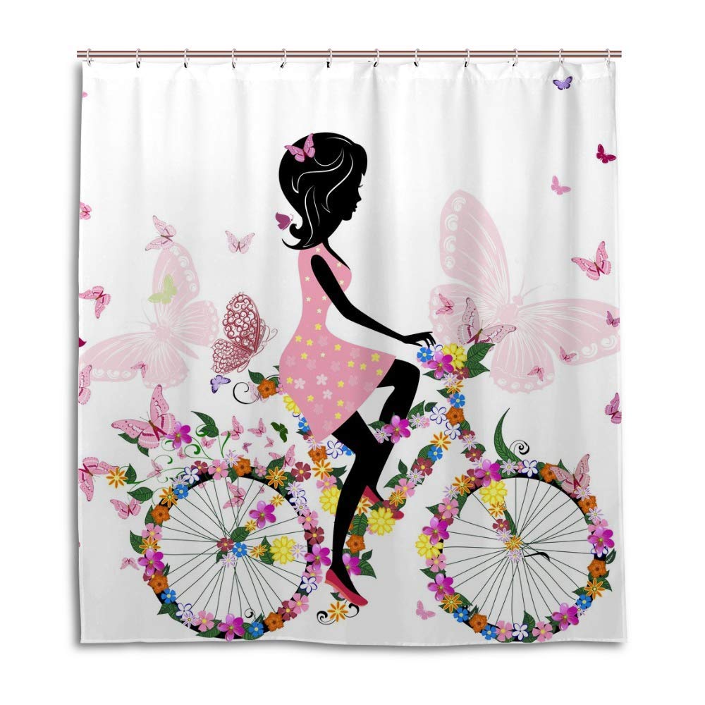 Rideau de douche pour fille et salle de bain moderne motif papillon tissu rose
