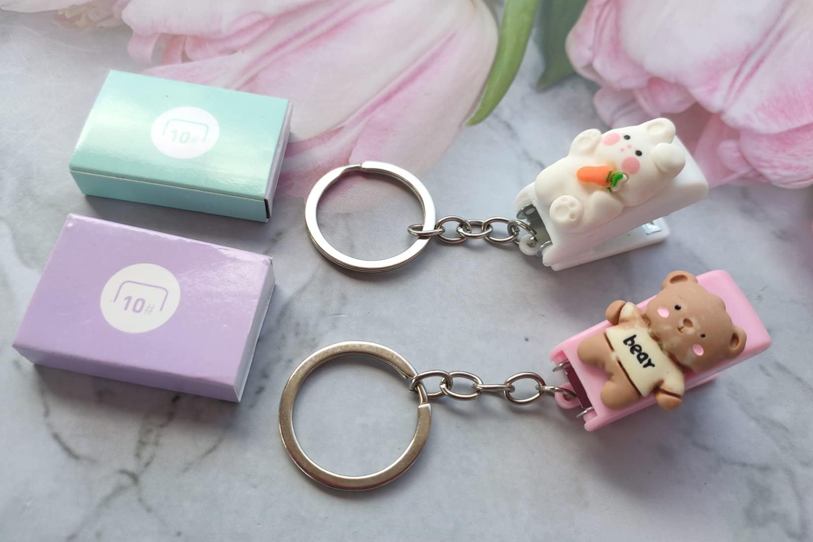 Portable Cartoon Mini Stapler with Keychain, Rabbit Desktop Stapler Set with 1000PCS Staples, Cute Bear Home Key Ring Staplers for Office School Student Travel Use (2 Pack)