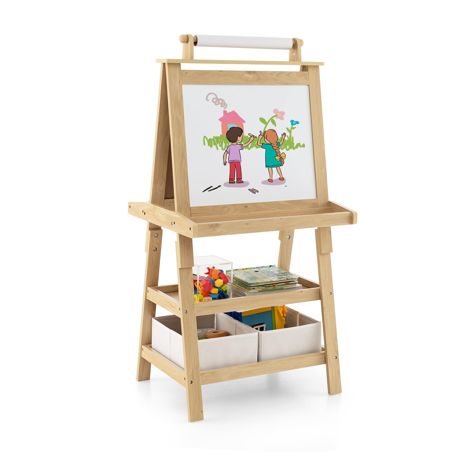 LIFEZEAL Pizarra infantil 3 en 1 con 2 caras (Natural) | Caballete infantil con pizarra blanca, rollo de papel, mesa magnética y 2 niveles de almacenamiento